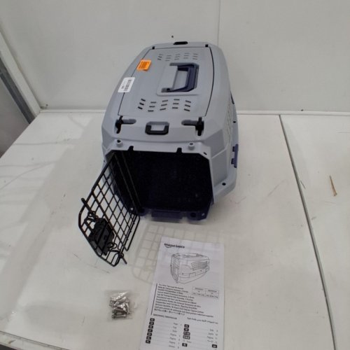 AMAZON BASICS TWO-DOOR TOP-LOAD HARD-SIDED PET TRAVEL KENNEL CARRIER CRATE FOR CATS OR DOGS, 19" X 12" X 10" - GREY/BLUE (MODEL: B00OP6SMCI) image 2