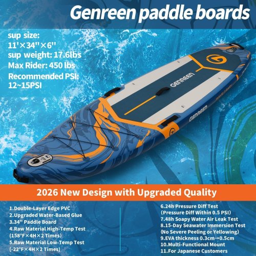 GENREEN STAND UP INFLATABLE PADDLE BOARD AND ACCESORIES - 11FT - BLUE/ORANGE image 2