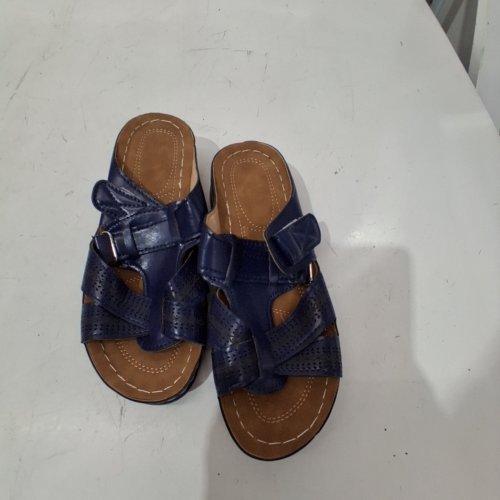 WOMEN'S WRKEKC OPEN TOE WEDGE SANDALS -4-4.5 - NAVY BLUE/BROWN image 2
