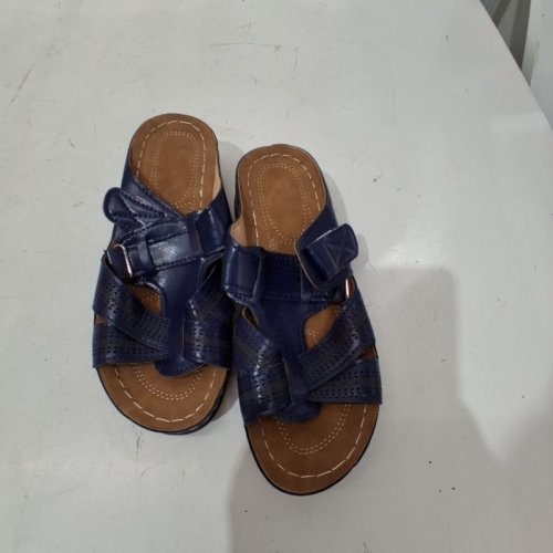 WOMEN'S WRKEKC OPEN TOE WEDGE SANDALS -4-4.5 - NAVY BLUE/BROWN image 3