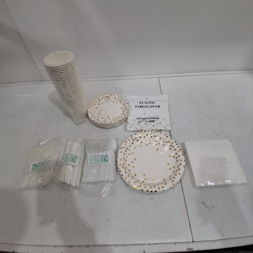 176PC GO4GREEN DISPOSABLE PARTY TABLEWARE SET - FOR 25 PEOPLE - WHITE / GOLD image 2