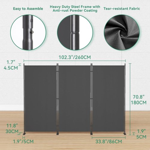 HELIOS&HESTIA 3-PANEL INDOOR FOLDING ROOM DIVIDER - 6FT - GREY (MODEL: HHLX-RD86GREY-3) image 2