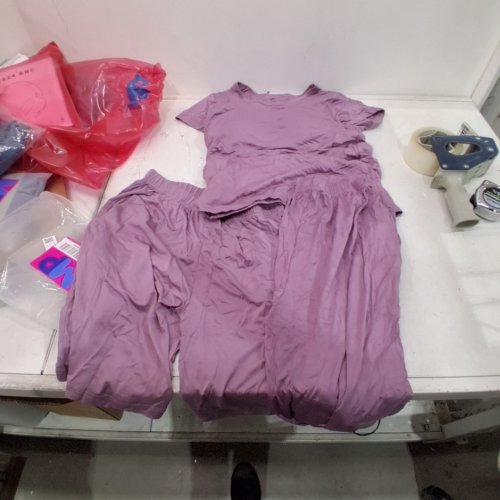 3PC WOMEN BUILT IN BRA CASUAL SHORT SLEEVE TOP WITH LONG PANTS AND SHORTS - EXTRA LARGE - PURPLE image 2