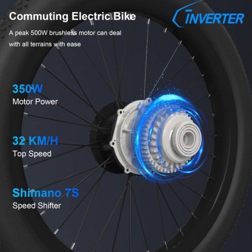 C INVERTER GEMINI FOLDABLE ELECTRIC BIKE WITH 3" FAT TIRES, FRONT SUSPENSION, & REMOVABLE BATTERY - 500W, 32KM/H MAX, 20" wheels - BLACK image 2