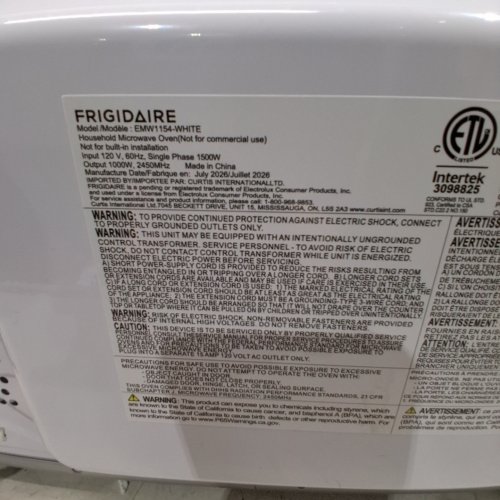 FRIGIDAIRE COUNTERTOP MICROWAVE OVEN - 1.1 CU. FT 900W- WHITE - (MODEL: EMW1154) image 10