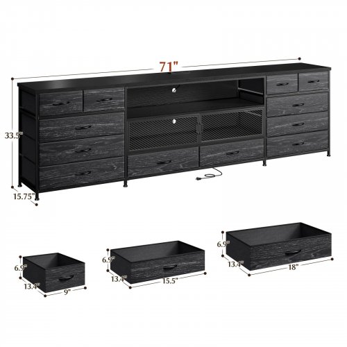 ENHOMEE 12 DRAWER TV CONSOLE TABLE WITH WOOD TABLE TOP AND CHARGING STATION - 71" - BLACK (MODEL: 55SCFTVND12DCH) image 2