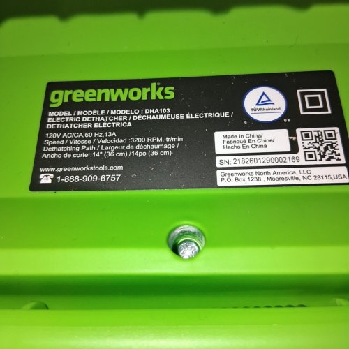 GREENWORKS 13 AMP CORDED DETHATCHER - 14" - (MODEL: DT13B00 / DHA103) image 4