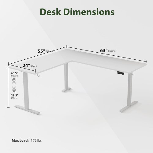 L-SHAPED ELECTRIC STANDING DESK WITH ADJUSTABLE HEIGHT - 63" X 55" X 24" - WHITE (MODEL: ZS03) image 2