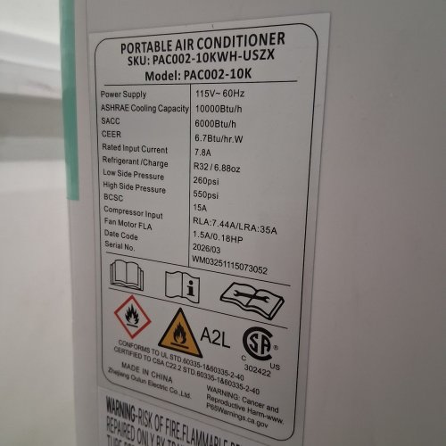 EUHOMY PORTABLE AIR CONDITIONER - 10000 BTU/H - 115V - WHITE (MODEL: PAC002-10K) image 3