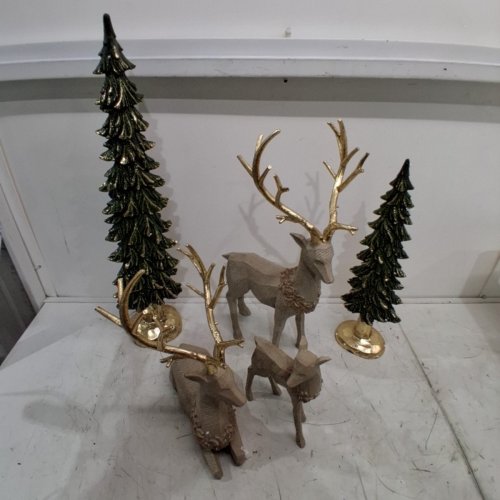 5PC DECORATIVE DEER FAMILY WITH TREES - WHITE/GOLD/GREEN (MODEL: 1931015) image 2