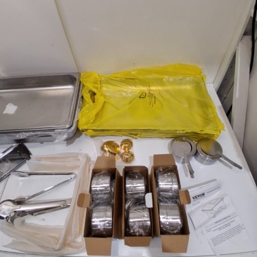 4PK STAINLESS STEEL CATERING BUFFET SERVING SET WITH WARMERS AND TONGS - 8QT EACH - SILVER/GOLD (MODEL: HZ-433B) image 3