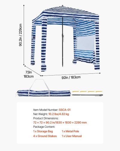PORTABLE STRIPED BEACH CABANA TENT - 6FT X 6FT - BLUE/WHITE (MODEL: SSCA-01) image 2