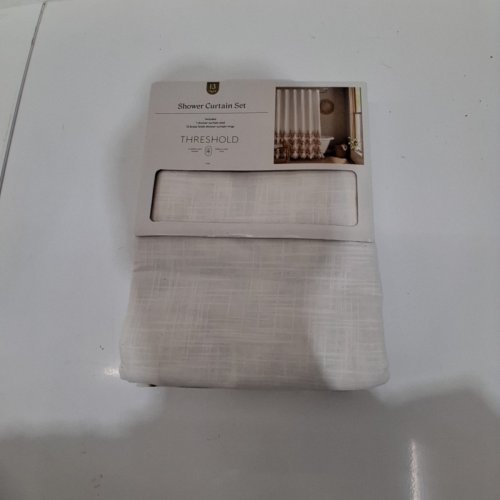 THRESHOLD LINEN SHOWER CURTAIN - 72" X 72" - OFF WHITE/ORANGE image 2