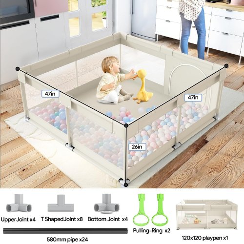 FLYING FISH SMALL BABY PLAYPEN WITH HAND PULLING RING - 47" X 47" - BEIGE (MODEL: PLAYPEN-01) image 2