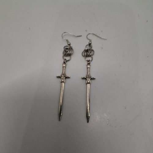 1PR ADULTS SWORD DANGLE EARRINGS - 65 MM- SILVER-TONE image 2