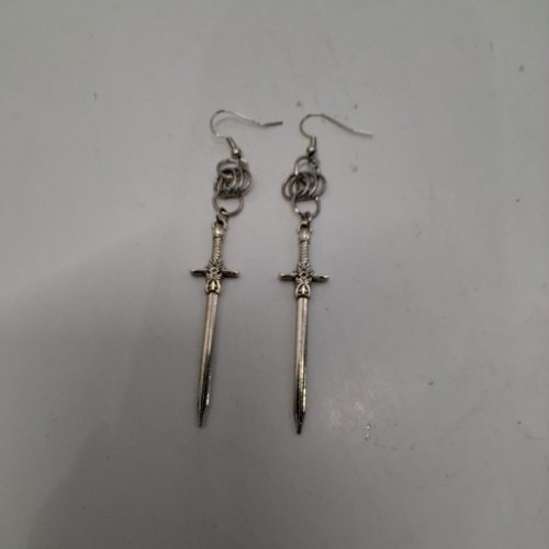 1PR ADULTS SWORD DANGLE EARRINGS - 65 MM- SILVER-TONE image 3
