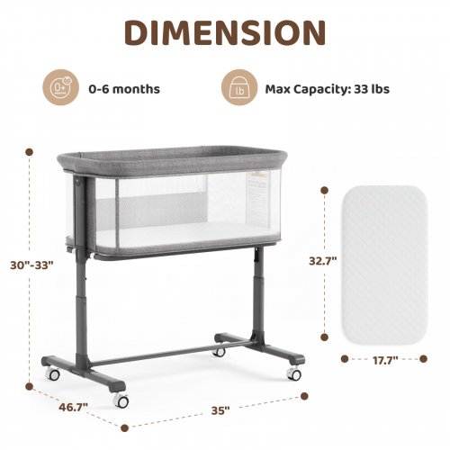 HEIGHT ADJUSTABLE BABY BASSINET WITH WHEELS - 33LBS CAPACITY - GREY / ORANGE (MODEL: ETD046DG) image 2
