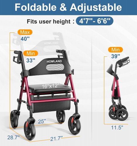 HOMLAND FOLDABLE ALUMINUM ADJUSTABLE ROLLATOR WALKERS FOR SENIORS WITH SEAT - 350LBS CAP - RED (MODEL: R2-RD) image 2