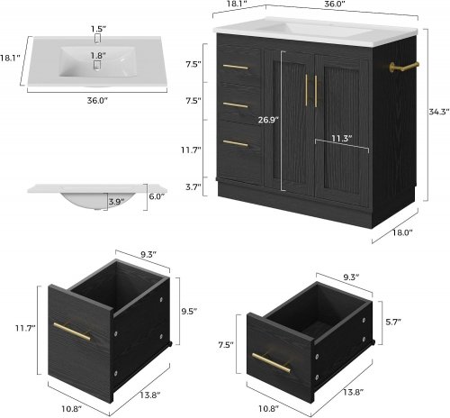 IRONCK BATHROOM VANITY WITH SINK - 36" - BLACK (MODEL: HK-XST36-YN06) image 2