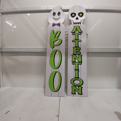 2PK REVERSIBLE FRENCH/ENGLISH DECORATIVE WOODEN HALLOWEEN PORCH SIGNS - 9.5" X 48" - WHITE GHOST AND SKELETON image 2