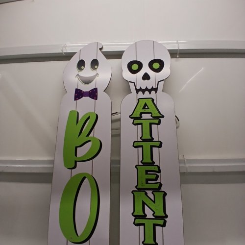 2PK REVERSIBLE FRENCH/ENGLISH DECORATIVE WOODEN HALLOWEEN PORCH SIGNS - 9.5" X 48" - WHITE GHOST AND SKELETON image 4