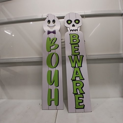 2PK REVERSIBLE FRENCH/ENGLISH DECORATIVE WOODEN HALLOWEEN PORCH SIGNS - 9.5" X 48" - WHITE GHOST AND SKELETON image 5