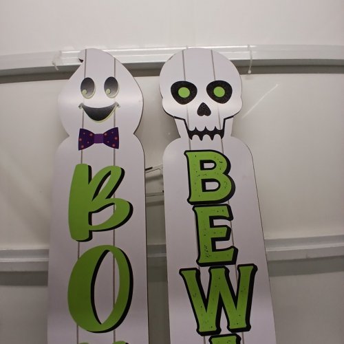 2PK REVERSIBLE FRENCH/ENGLISH DECORATIVE WOODEN HALLOWEEN PORCH SIGNS - 9.5" X 48" - WHITE GHOST AND SKELETON image 7