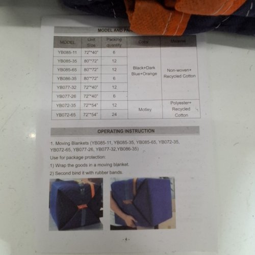 8PK HEAVY DUTY MOVING BLANKETS - 80" X 72" - NON-WOVEN & RECYCLED COTTON PACKING BLANKET - BLUE/ORANGE (MODEL: YB085-35) image 3
