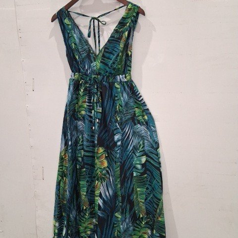 WOMEN'S V-NECK DRESS SLEEVELESS MID-CALF - SMALL - GREEN image 2