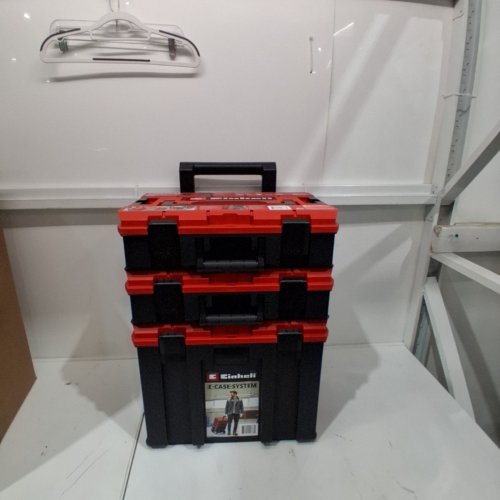 EINHELL E-CASE 3-STACKABLE ROLLING CASE TOWER TOOL STORAGE SYSTEM WITH WHEELS AND TELESCOPIC HANDLE - 27" X 18" X 16" UP TO 264LBS - BLACK/RED - (MODEL: 4540024) image 2