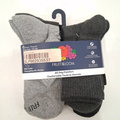 5PK FRUIT OF THE LOOM MID-CREW SOCKS - 6-12 - GREY AND BLACK image 2