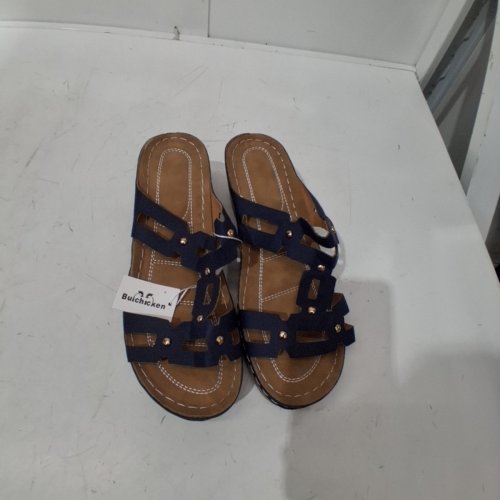 WOMEN'S BULCKICKEN OPEN TOE WEDGE SANDALS - 11.5 - NAVY BLUE/BROWN image 2