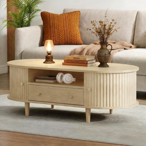 MERAX OVAL CENTER COFFEE TABLE WITH DRAWER & ROLL-UP DOOR - 39.3" X 19.6" X 14.1" - NATURAL WOOD (MODEL: N892P433777E) image 2