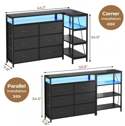HAUOMS CONVERTIBLE L-SHAPE DRESSER/TV STAND WITH 6 FABRIC DRAWERS, CHARGING STATION, & LED LIGHTS - 53" X 12" X 34" - BLACK - (MODEL: AJ-DJ503466_2) image 2