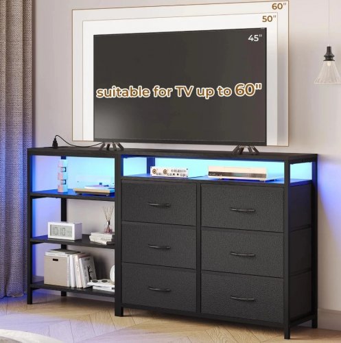 HAUOMS CONVERTIBLE L-SHAPE DRESSER/TV STAND WITH 6 FABRIC DRAWERS, CHARGING STATION, & LED LIGHTS - 53" X 12" X 34" - BLACK - (MODEL: AJ-DJ503466_2) image 3