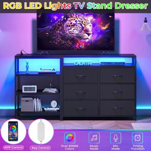 HAUOMS CONVERTIBLE L-SHAPE DRESSER/TV STAND WITH 6 FABRIC DRAWERS, CHARGING STATION, & LED LIGHTS - 53" X 12" X 34" - BLACK - (MODEL: AJ-DJ503466_2) image 4