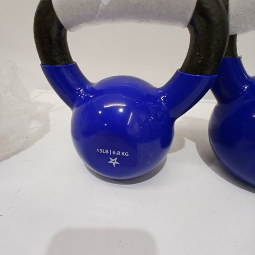 2PC YES4ALL VINYL COATED KETTLEBELL WEIGHT SET FOR STRENGTH TRAINING - 15 LBS/20 LBS - BLUE image 2