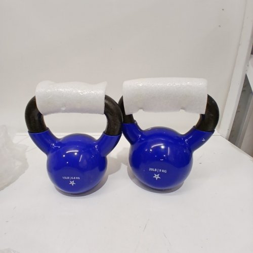2PC YES4ALL VINYL COATED KETTLEBELL WEIGHT SET FOR STRENGTH TRAINING - 15 LBS/20 LBS - BLUE image 3