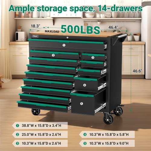 GRIPLIER 14 DRAWER HEAVY DUTY STEEL ROLLING TOOL CHEST WITH WOODEN WORKBENCH - 500LBS CAPACITY - BLACK/GREEN (MODEL:HK07) image 2