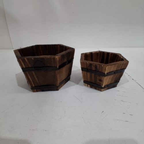 2PC WOODEN HEXAGONAL POTS -6" X 4", 4.5" X 3" - BROWN image 2