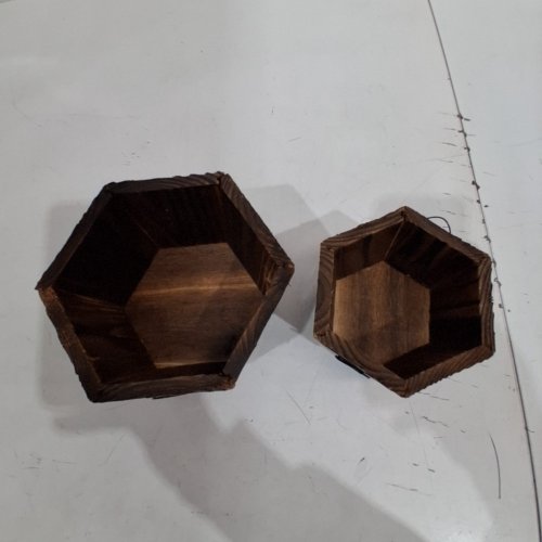 2PC WOODEN HEXAGONAL POTS -6" X 4", 4.5" X 3" - BROWN image 3