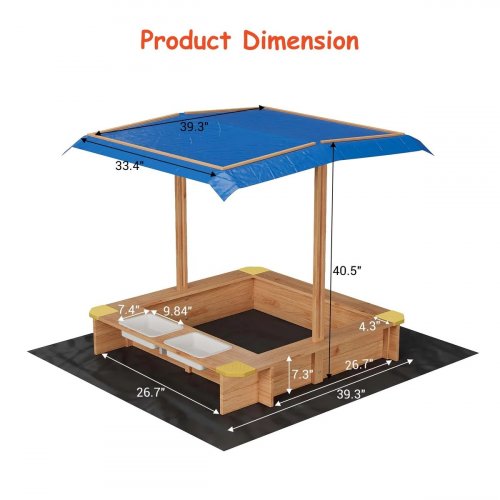 GARVEE WOODEN SANDBOX WITH ADJUSTABLE CANOPY, OUTDOOR SANDPIT FOR KID - 26.7" X 39.3" X 40.5" - BLUE/NATURAL WOOD (MODEL:PTO_334YHFQ6) image 2