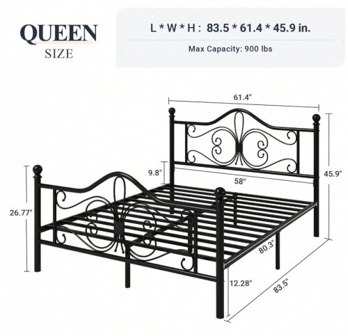 ALLEWIE METAL BED FRAME WITH BUTTERFLY DESIGN HEADBOARD & FOOTBOARD - QUEEN - BLACK - (MODEL: LFC0003) image 2
