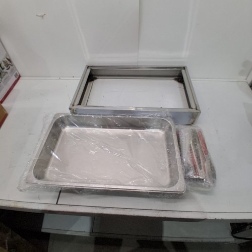 JUISEATY COUNTERTOP ICE FOOD SERVING DISPLAY TRAY BUFFET SERVER WITH CLEAR ROLL TOP COVER - 21" X 13" X 13" - SILVER/CLEAR - (MODEL: JU-MH-1PAN) image 2