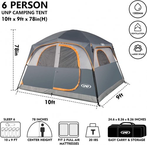 UNP TENTS 6 PERSON WATERPROOF WINDPROOF EASY SETUP / DOUBLE LAYER FAMILY CAMPING TENT - 10FT X 9FT X 78" - GREY/ORANGE (MODEL: ‎UNP-100978-GY) image 2