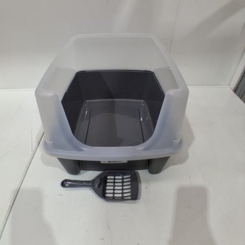 IRIS USA LARGE OPEN TOP CAT LITTER BOX WITH SCATTER SHIELD AND SCOOP - 19" X 15" X 11.8" - GREY/CLEAR - (MODEL: 301755) image 2