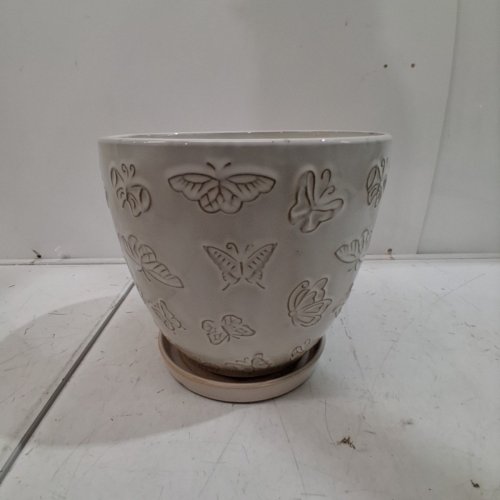 2PC DECORATIVE CERAMIC PLANTER WITH DRAIN SAUCER - 8" - WHITE BUTTERFLIES (MODEL: PLANTER202405) image 2