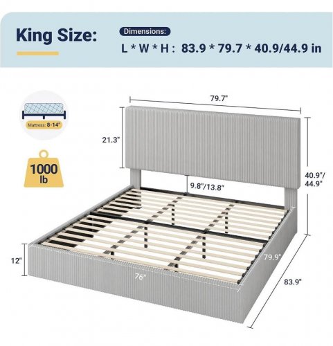 ALLEWIE UPHOLSTERED WOODEN BED FRAME WITH ADJUSTABLE HEADBOARD - KING - GREY - (MODEL: KBDSHRJC003) image 2