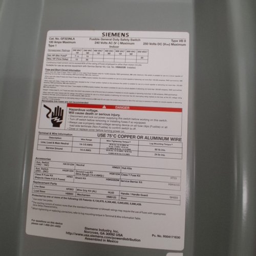 SIEMENS 3-POLE FUSIBLE INDOOR GENERAL DUTY SWITCH - VBII SAFETY - 100A, 240V - GREY (MODEL: GF323NLA) image 5