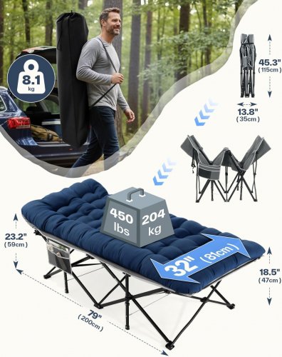 2PC SPORTNEER EXTRA WIDE FOLDING CAMPING COT - 79" X 32"/450LBS MAX - GREY/BLACK/BLUE (MODEL: FCC-01) image 2